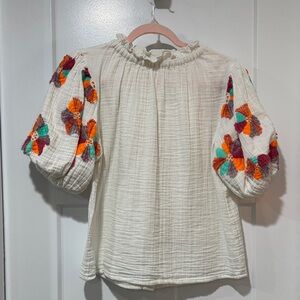 THML Cream Blouse with Colorful Embroidered Sleeves